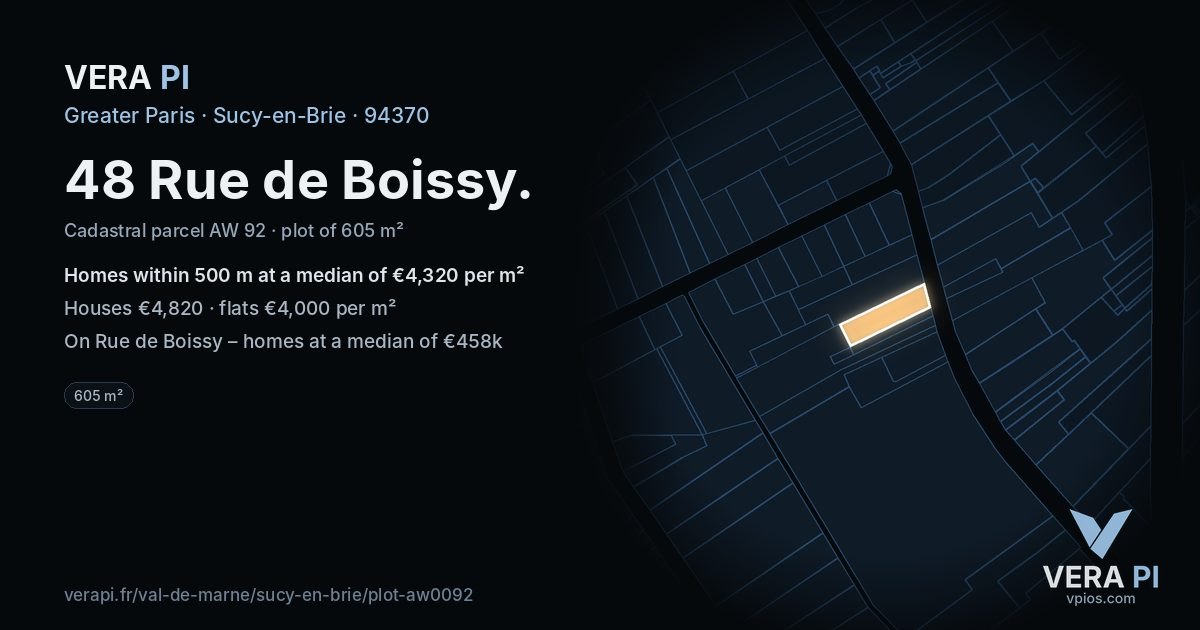 48 Rue de Boissy, Sucy-en-Brie at night – the plot lit, the parcels around coloured by the prices near them
