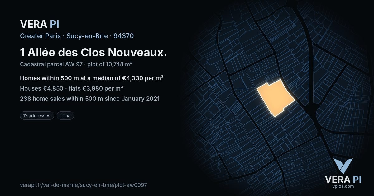 1 Allée des Clos Nouveaux, Sucy-en-Brie at night – the plot lit, the parcels around coloured by the prices near them