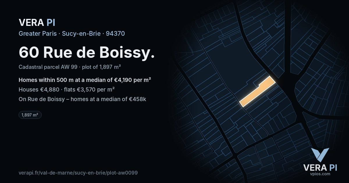 60 Rue de Boissy, Sucy-en-Brie at night – the plot lit, the parcels around coloured by the prices near them