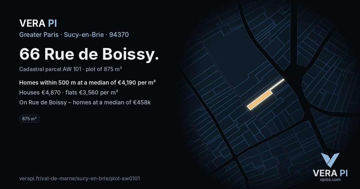 66 Rue de Boissy, Sucy-en-Brie at night – the plot lit, the parcels around coloured by the prices near them