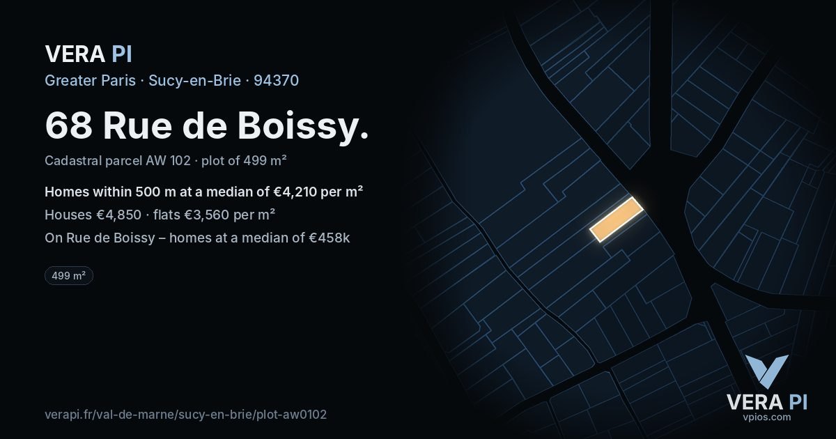 68 Rue de Boissy, Sucy-en-Brie at night – the plot lit, the parcels around coloured by the prices near them
