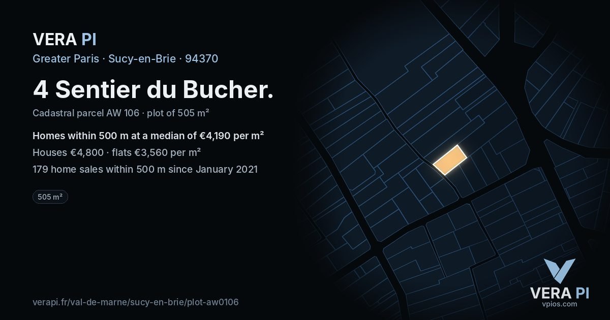 4 Sentier du Bucher, Sucy-en-Brie at night – the plot lit, the parcels around coloured by the prices near them