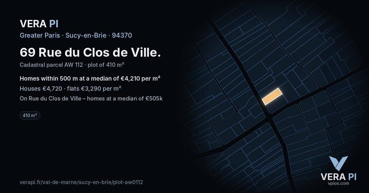 69 Rue du Clos de Ville, Sucy-en-Brie at night – the plot lit, the parcels around coloured by the prices near them