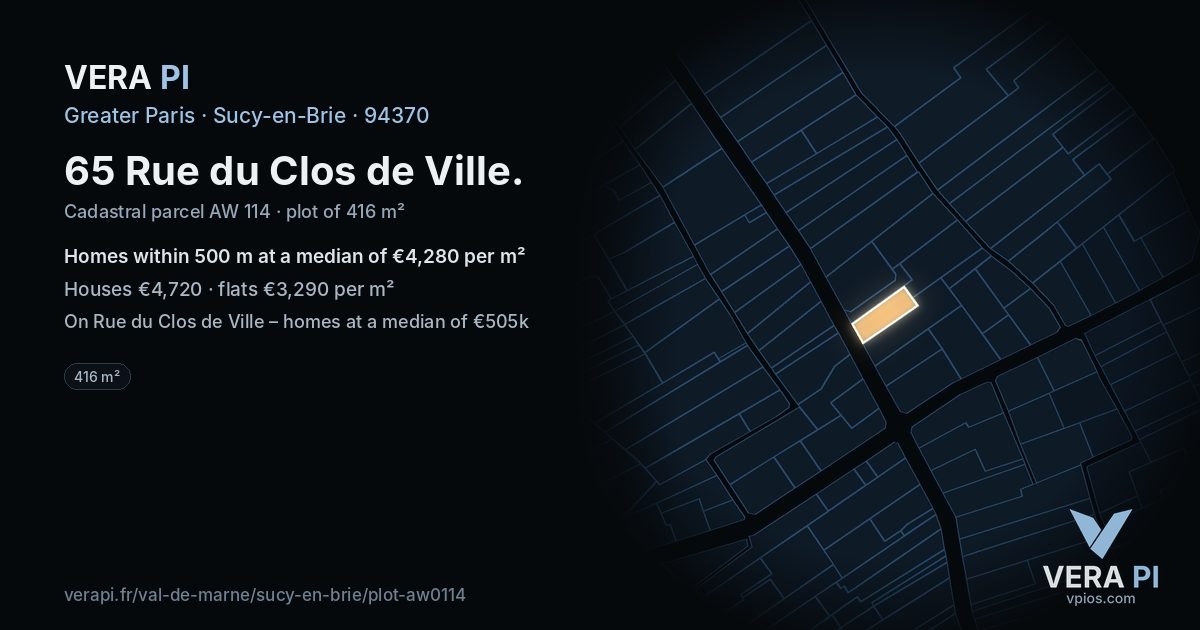65 Rue du Clos de Ville, Sucy-en-Brie at night – the plot lit, the parcels around coloured by the prices near them