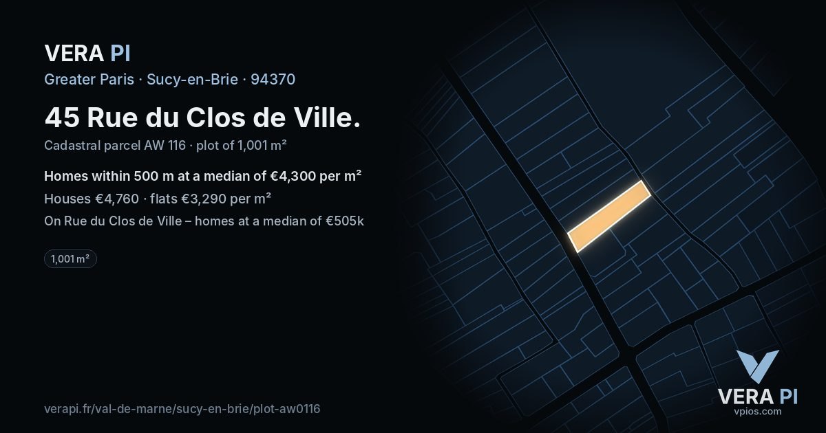 45 Rue du Clos de Ville, Sucy-en-Brie at night – the plot lit, the parcels around coloured by the prices near them