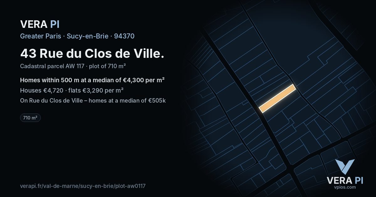 43 Rue du Clos de Ville, Sucy-en-Brie at night – the plot lit, the parcels around coloured by the prices near them