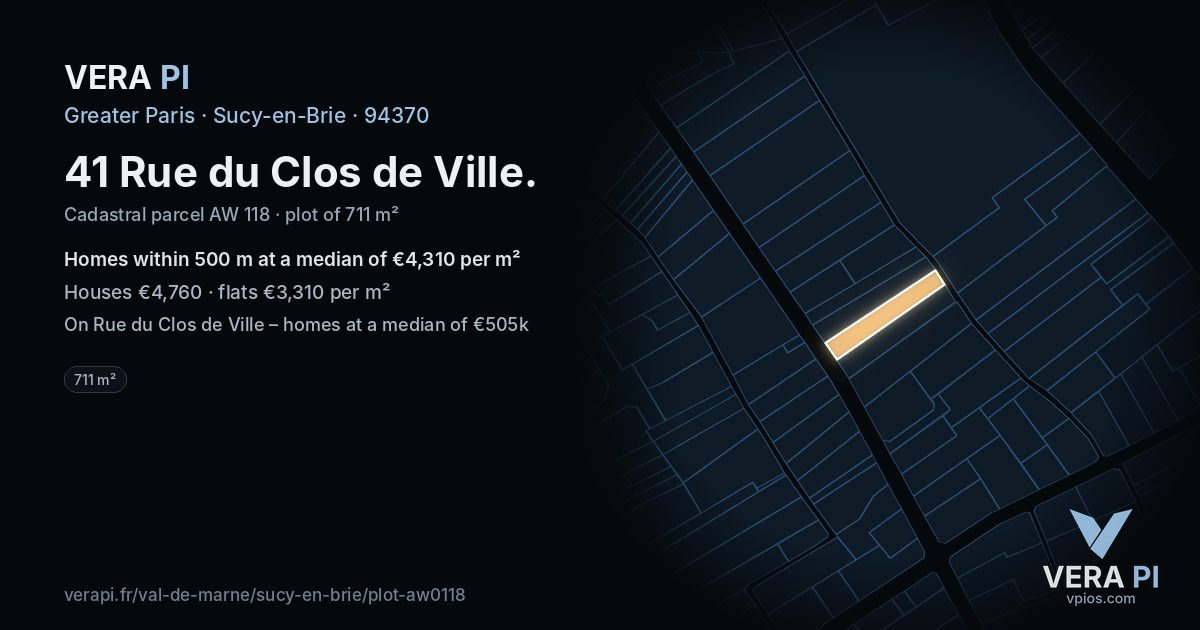 41 Rue du Clos de Ville, Sucy-en-Brie at night – the plot lit, the parcels around coloured by the prices near them