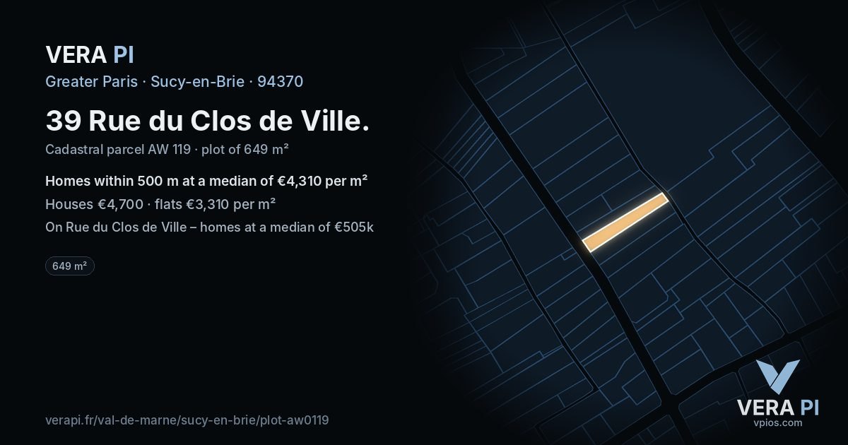 39 Rue du Clos de Ville, Sucy-en-Brie at night – the plot lit, the parcels around coloured by the prices near them
