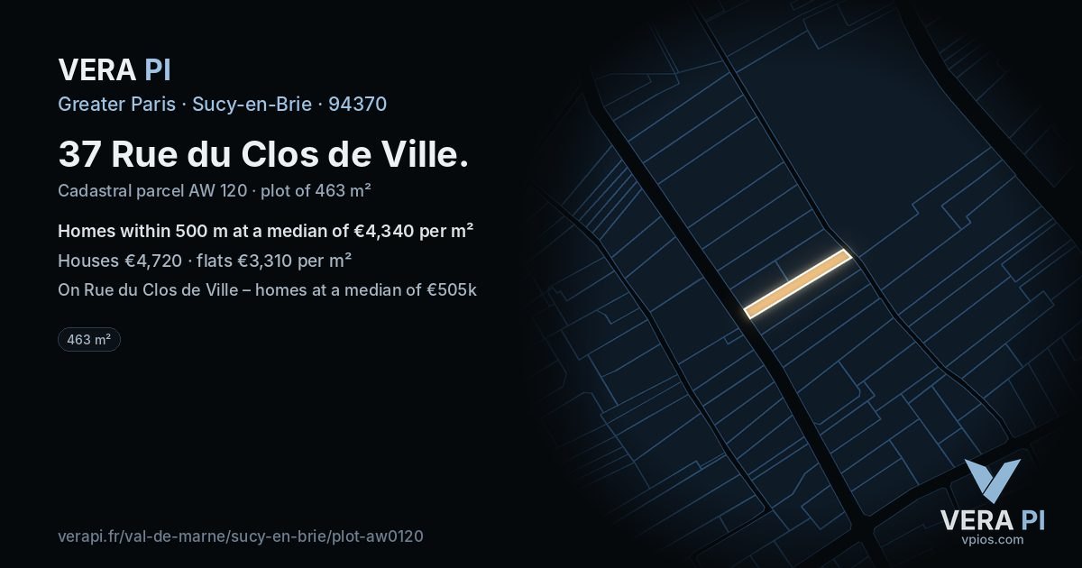 37 Rue du Clos de Ville, Sucy-en-Brie at night – the plot lit, the parcels around coloured by the prices near them