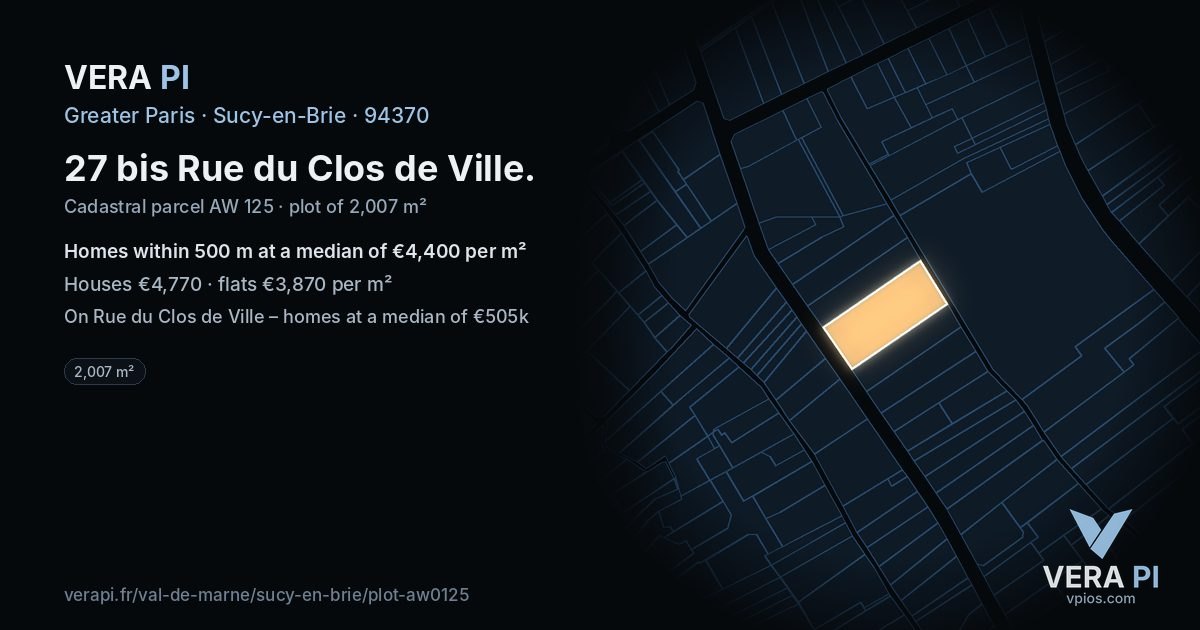 27 bis Rue du Clos de Ville, Sucy-en-Brie at night – the plot lit, the parcels around coloured by the prices near them