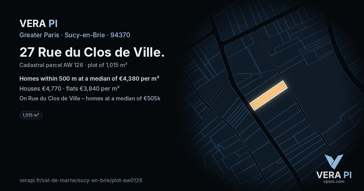 27 Rue du Clos de Ville, Sucy-en-Brie at night – the plot lit, the parcels around coloured by the prices near them