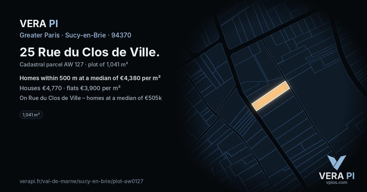 25 Rue du Clos de Ville, Sucy-en-Brie at night – the plot lit, the parcels around coloured by the prices near them