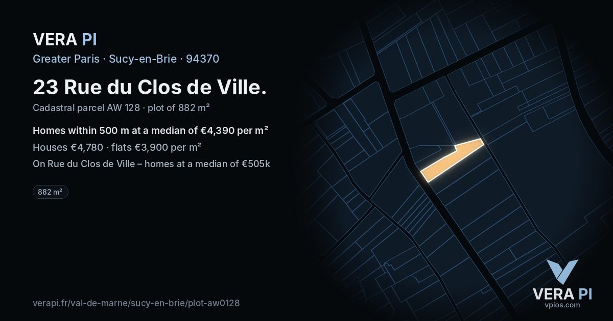 23 Rue du Clos de Ville, Sucy-en-Brie at night – the plot lit, the parcels around coloured by the prices near them