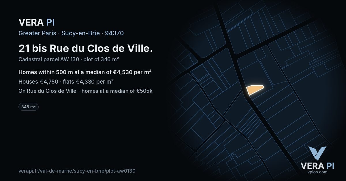 21 bis Rue du Clos de Ville, Sucy-en-Brie at night – the plot lit, the parcels around coloured by the prices near them