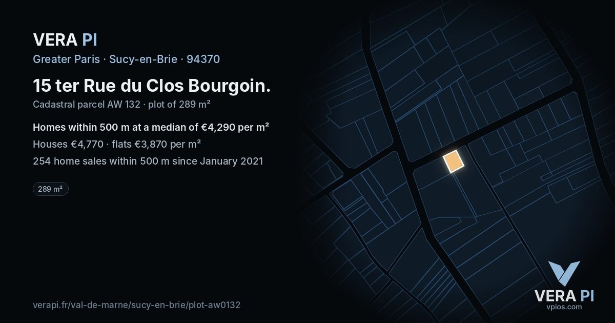 15 ter Rue du Clos Bourgoin, Sucy-en-Brie at night – the plot lit, the parcels around coloured by the prices near them