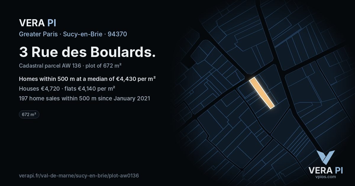 3 Rue des Boulards, Sucy-en-Brie at night – the plot lit, the parcels around coloured by the prices near them