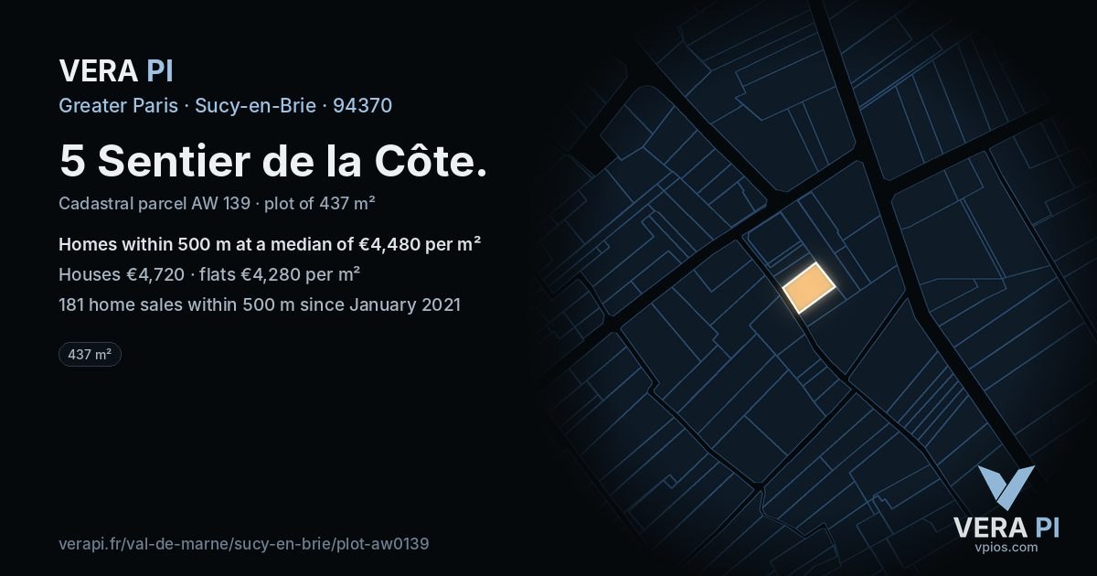 5 Sentier de la Côte, Sucy-en-Brie at night – the plot lit, the parcels around coloured by the prices near them