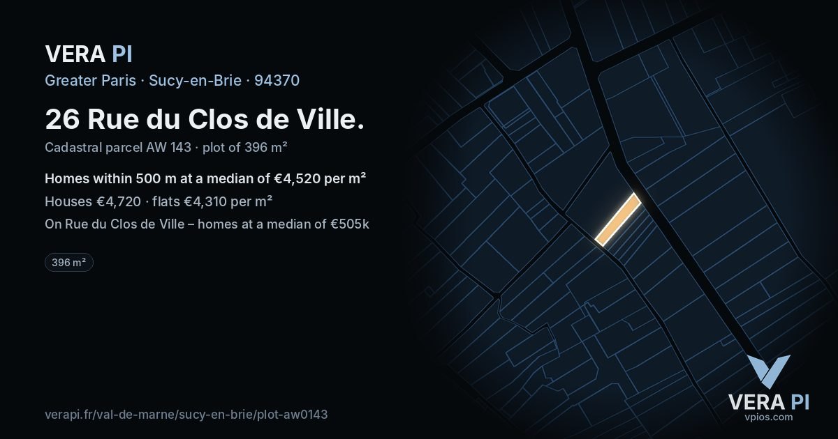 26 Rue du Clos de Ville, Sucy-en-Brie at night – the plot lit, the parcels around coloured by the prices near them