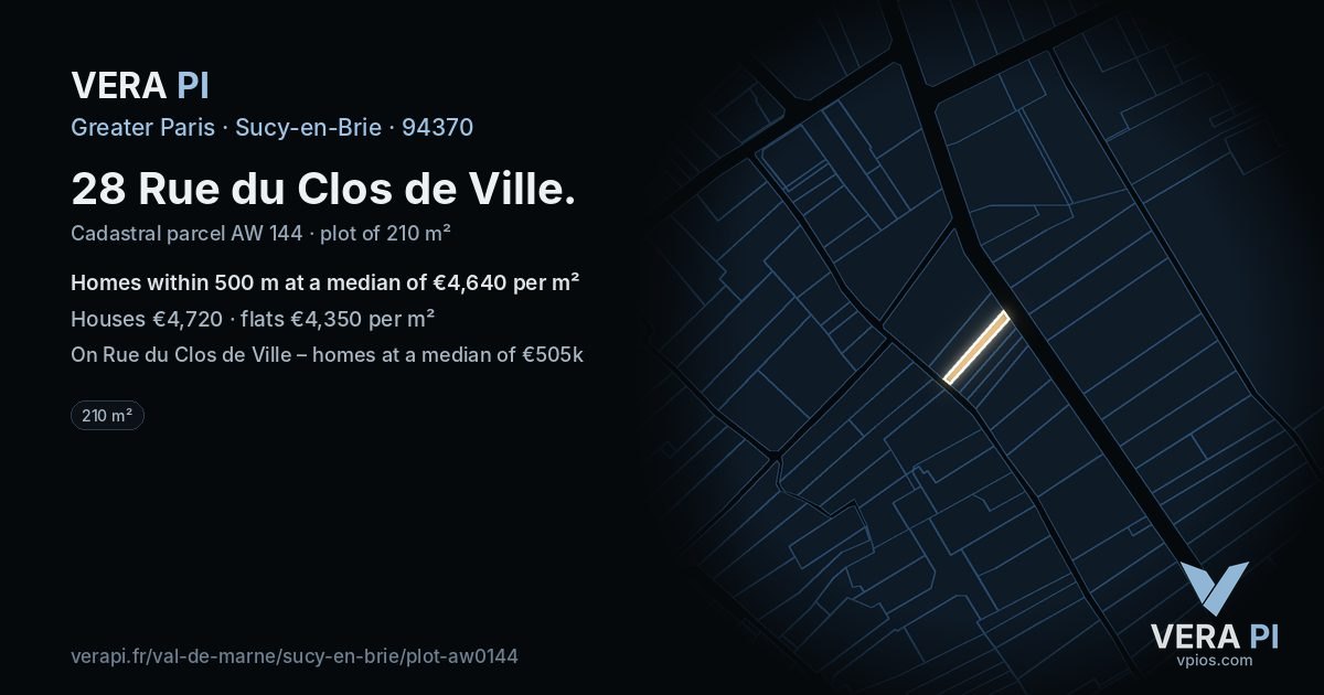 28 Rue du Clos de Ville, Sucy-en-Brie at night – the plot lit, the parcels around coloured by the prices near them