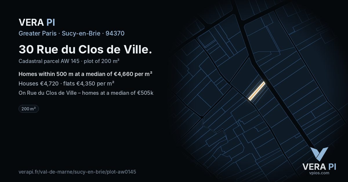 30 Rue du Clos de Ville, Sucy-en-Brie at night – the plot lit, the parcels around coloured by the prices near them