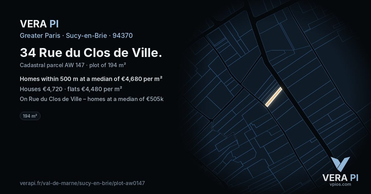 34 Rue du Clos de Ville, Sucy-en-Brie at night – the plot lit, the parcels around coloured by the prices near them