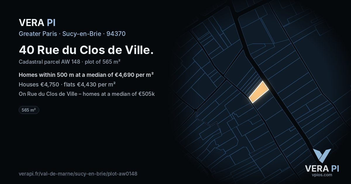 40 Rue du Clos de Ville, Sucy-en-Brie at night – the plot lit, the parcels around coloured by the prices near them