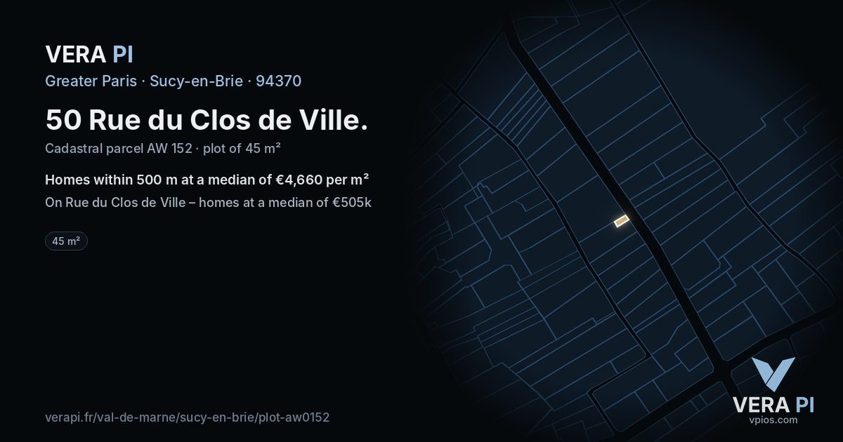50 Rue du Clos de Ville, Sucy-en-Brie at night – the plot lit, the parcels around coloured by the prices near them
