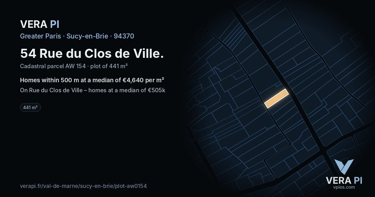 54 Rue du Clos de Ville, Sucy-en-Brie at night – the plot lit, the parcels around coloured by the prices near them
