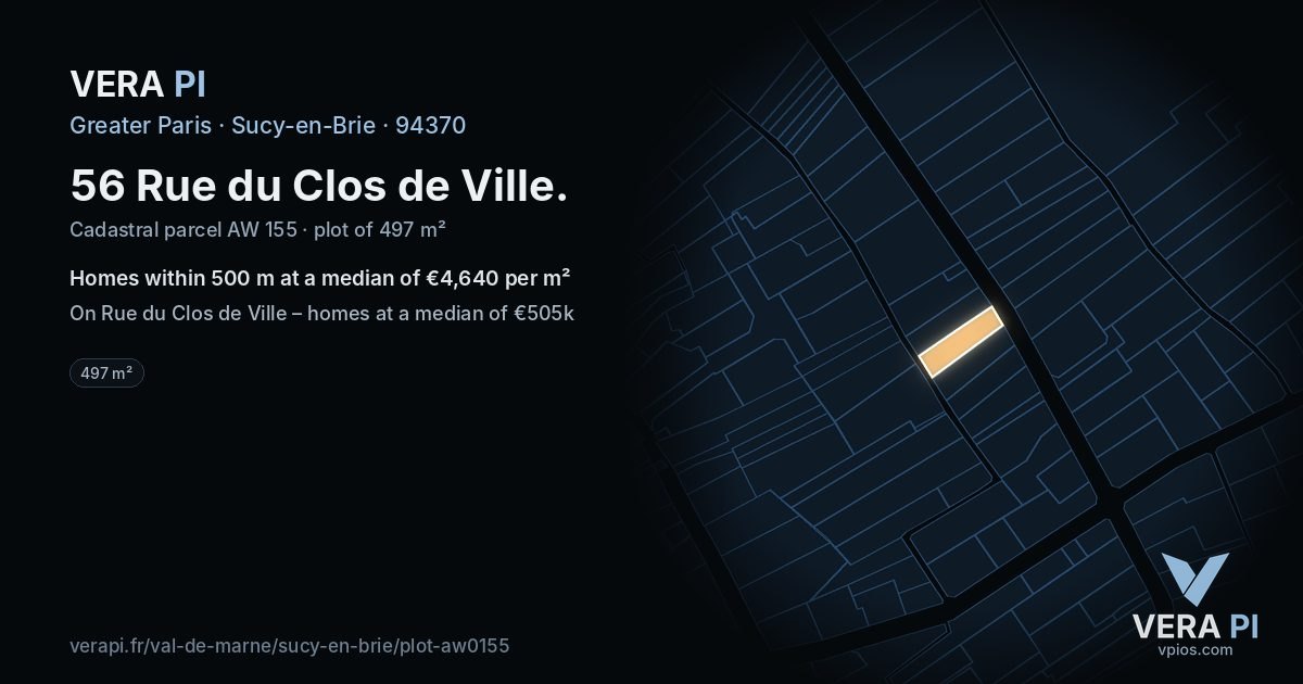 56 Rue du Clos de Ville, Sucy-en-Brie at night – the plot lit, the parcels around coloured by the prices near them