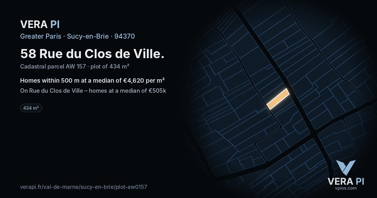 58 Rue du Clos de Ville, Sucy-en-Brie at night – the plot lit, the parcels around coloured by the prices near them