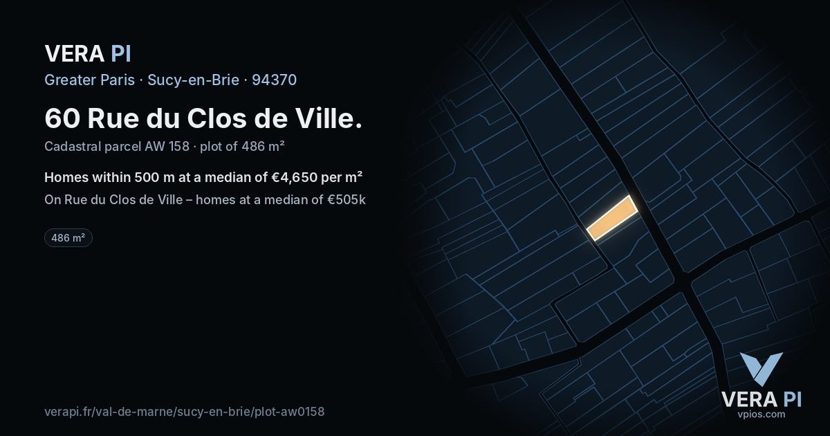 60 Rue du Clos de Ville, Sucy-en-Brie at night – the plot lit, the parcels around coloured by the prices near them