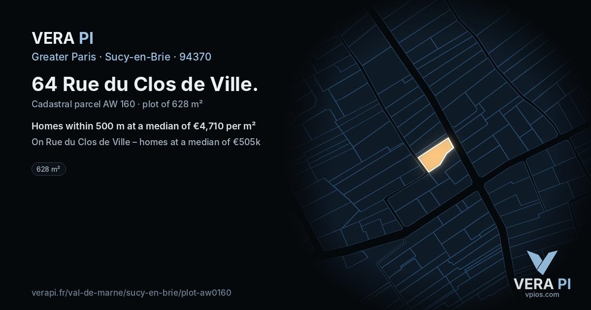 64 Rue du Clos de Ville, Sucy-en-Brie at night – the plot lit, the parcels around coloured by the prices near them