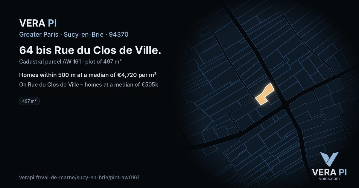 64 bis Rue du Clos de Ville, Sucy-en-Brie at night – the plot lit, the parcels around coloured by the prices near them