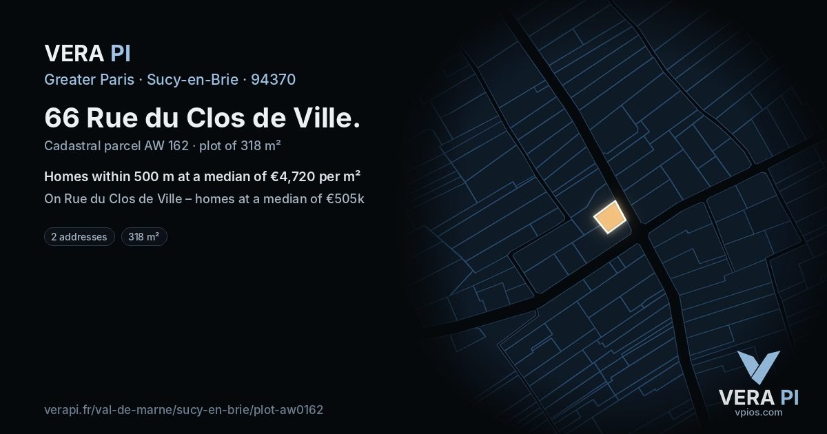 66 Rue du Clos de Ville, Sucy-en-Brie at night – the plot lit, the parcels around coloured by the prices near them