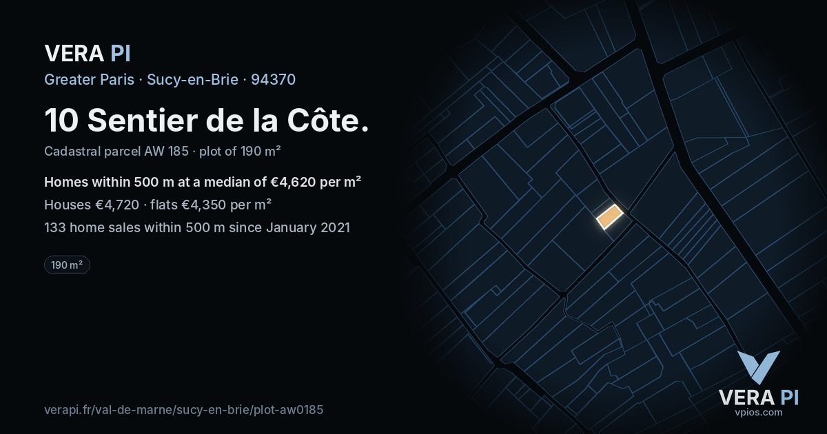 10 Sentier de la Côte, Sucy-en-Brie at night – the plot lit, the parcels around coloured by the prices near them