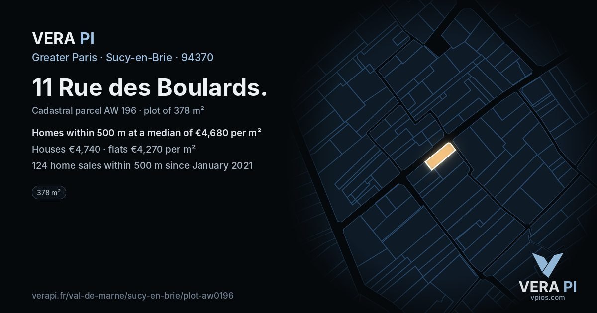 11 Rue des Boulards, Sucy-en-Brie at night – the plot lit, the parcels around coloured by the prices near them