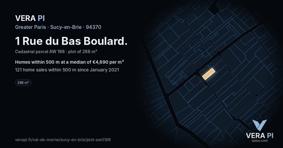 1 Rue du Bas Boulard, Sucy-en-Brie at night – the plot lit, the parcels around coloured by the prices near them