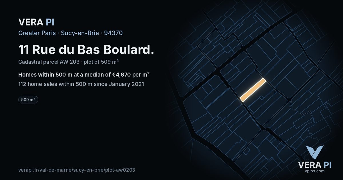 11 Rue du Bas Boulard, Sucy-en-Brie at night – the plot lit, the parcels around coloured by the prices near them