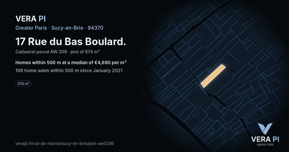 17 Rue du Bas Boulard, Sucy-en-Brie at night – the plot lit, the parcels around coloured by the prices near them