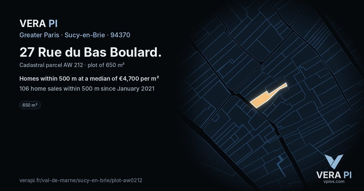 27 Rue du Bas Boulard, Sucy-en-Brie at night – the plot lit, the parcels around coloured by the prices near them
