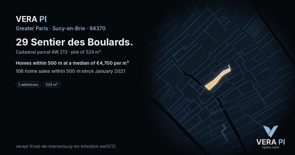 29 Sentier des Boulards, Sucy-en-Brie at night – the plot lit, the parcels around coloured by the prices near them