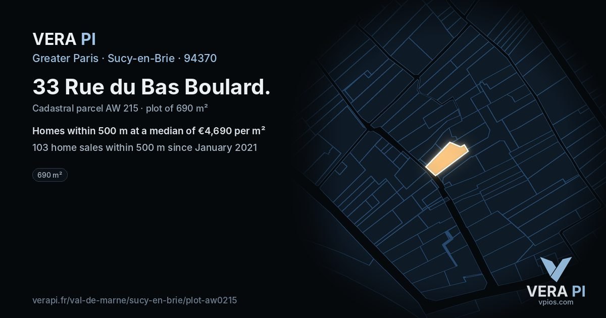 33 Rue du Bas Boulard, Sucy-en-Brie at night – the plot lit, the parcels around coloured by the prices near them