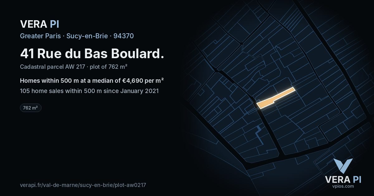 41 Rue du Bas Boulard, Sucy-en-Brie at night – the plot lit, the parcels around coloured by the prices near them
