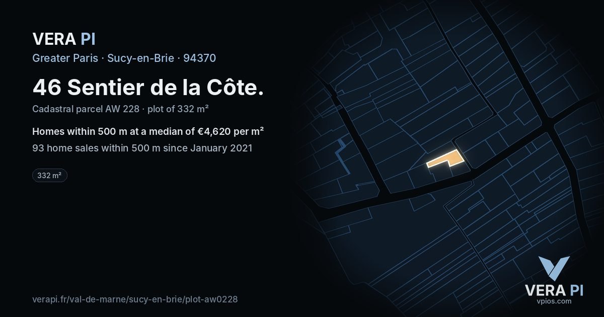 46 Sentier de la Côte, Sucy-en-Brie at night – the plot lit, the parcels around coloured by the prices near them
