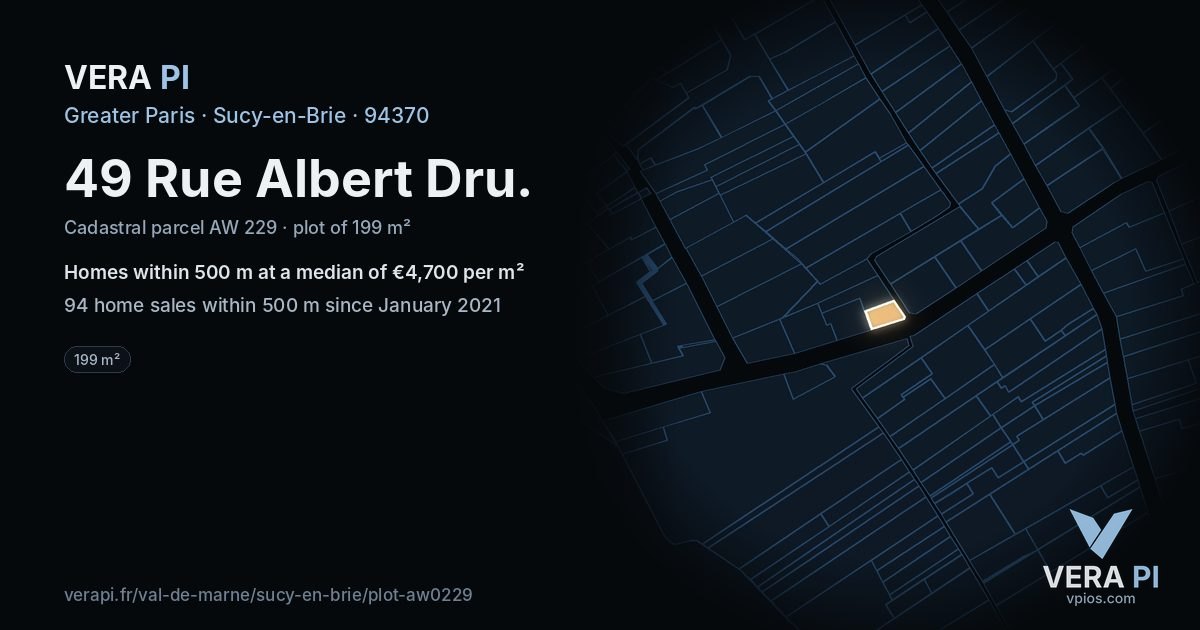 49 Rue Albert Dru, Sucy-en-Brie at night – the plot lit, the parcels around coloured by the prices near them