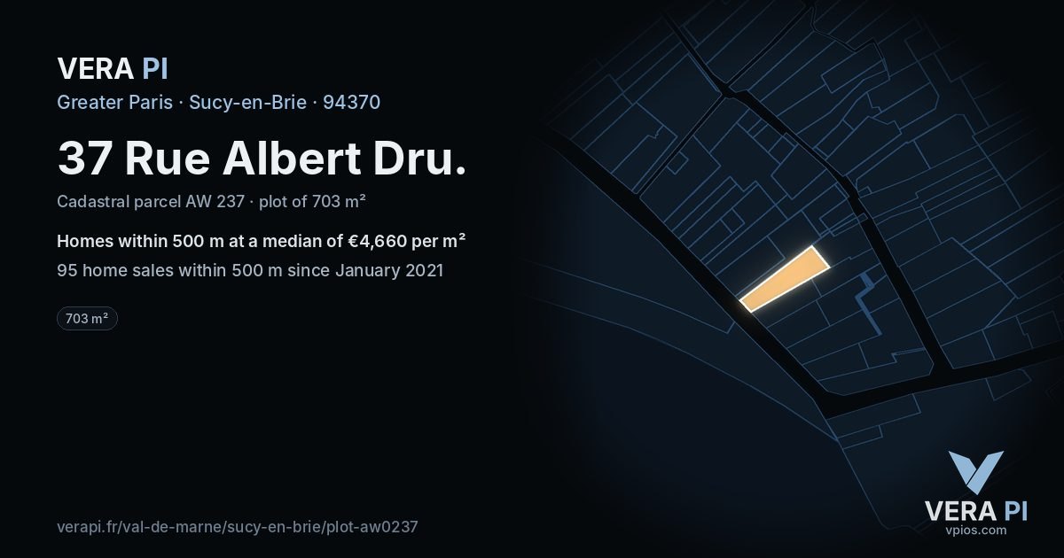 37 Rue Albert Dru, Sucy-en-Brie at night – the plot lit, the parcels around coloured by the prices near them