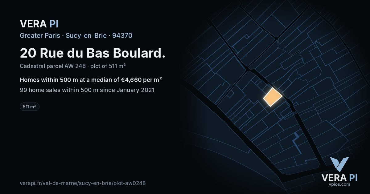 20 Rue du Bas Boulard, Sucy-en-Brie at night – the plot lit, the parcels around coloured by the prices near them
