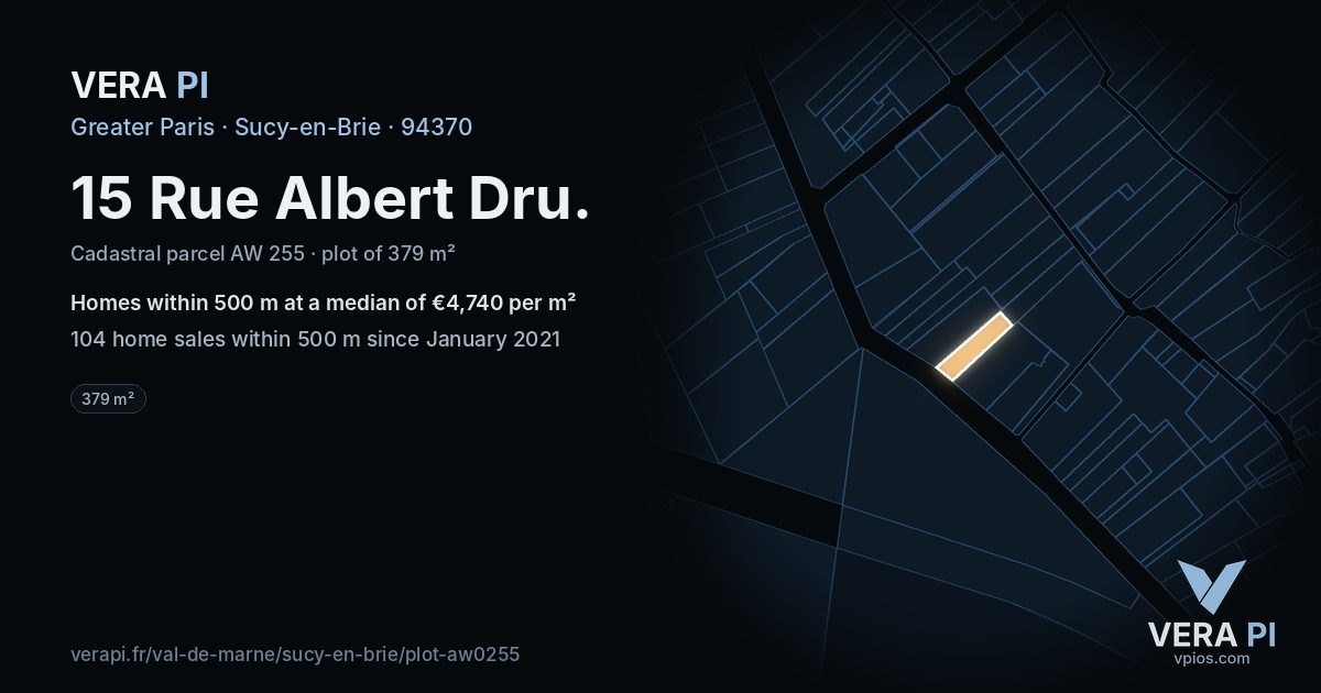 15 Rue Albert Dru, Sucy-en-Brie at night – the plot lit, the parcels around coloured by the prices near them