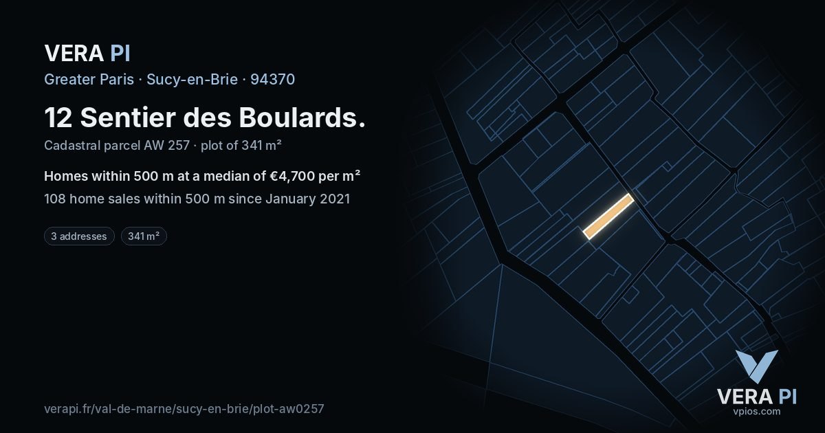 12 Sentier des Boulards, Sucy-en-Brie at night – the plot lit, the parcels around coloured by the prices near them