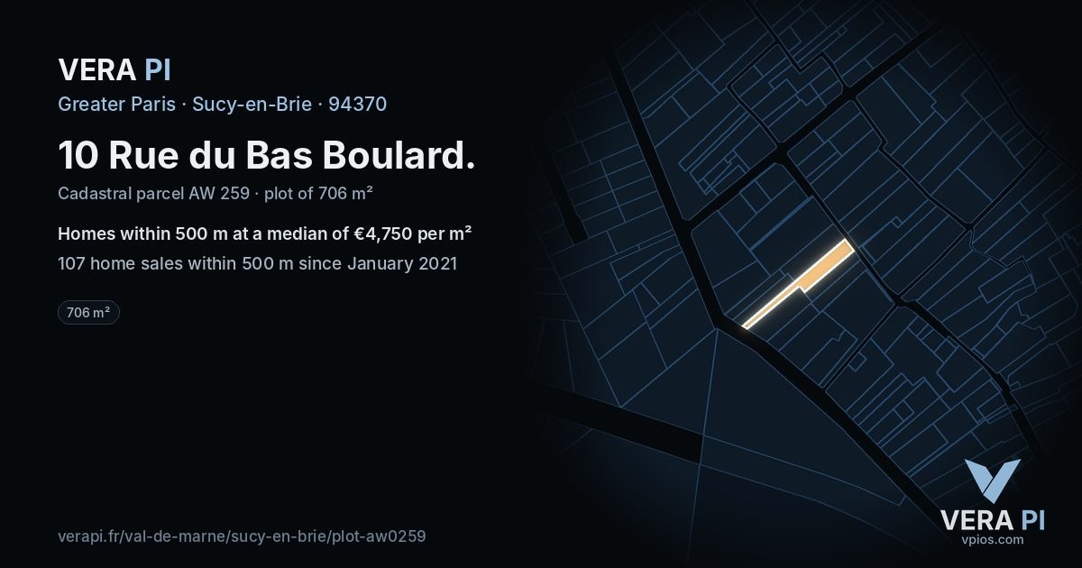 10 Rue du Bas Boulard, Sucy-en-Brie at night – the plot lit, the parcels around coloured by the prices near them
